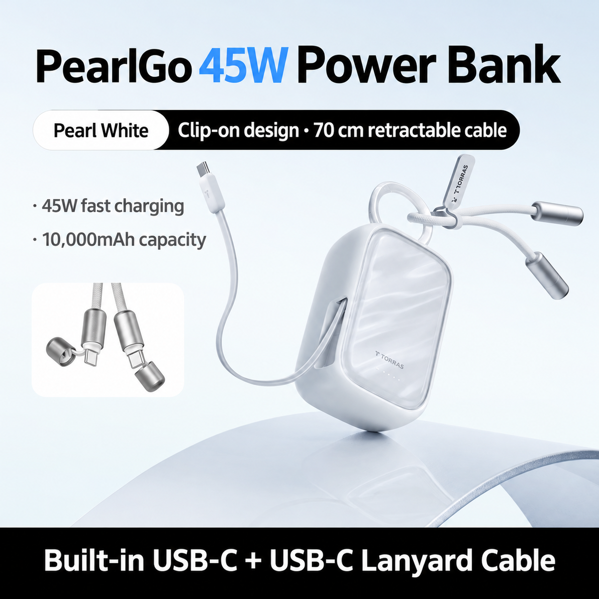 PearlGo Pearl White 45W power bank with built-in retractable USB-C cable and included USB-C lanyard cable