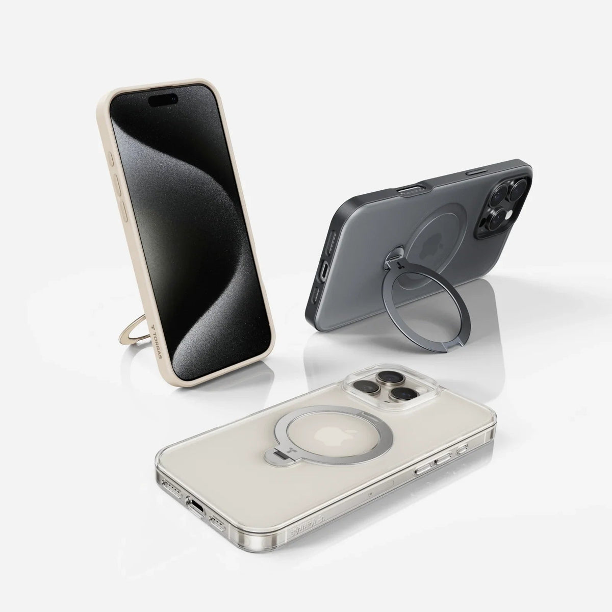 TORRAS Ostand Q3 Spin iPhone 16 Pro cases: Beige stand case, clear & grey magnetic ring cases.