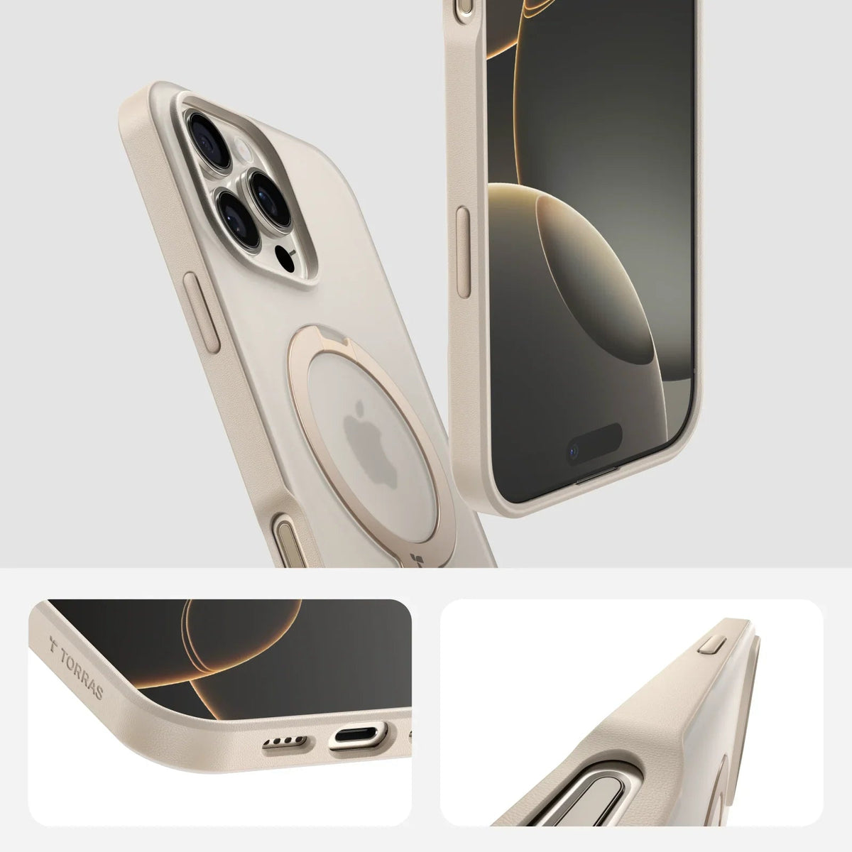 TORRAS Ostand Q3 Spin cream case for iPhone 16 Pro Max with 360° magnetic stand.