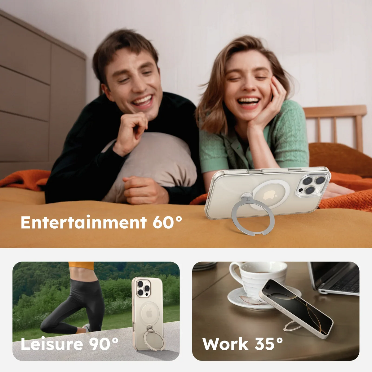 TORRAS Ostand Q3 Spin case for iPhone 16 Pro: magnetic ring stand for entertainment, leisure, work.