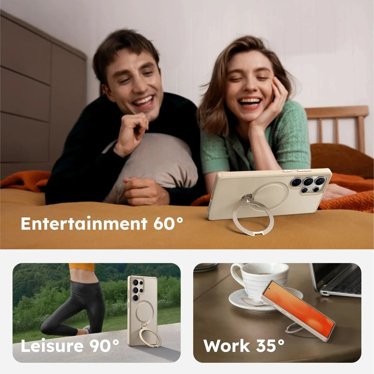 TORRAS Ostand Q3 Spin clear case for Samsung S25 Plus with 360° magnetic ring stand.
