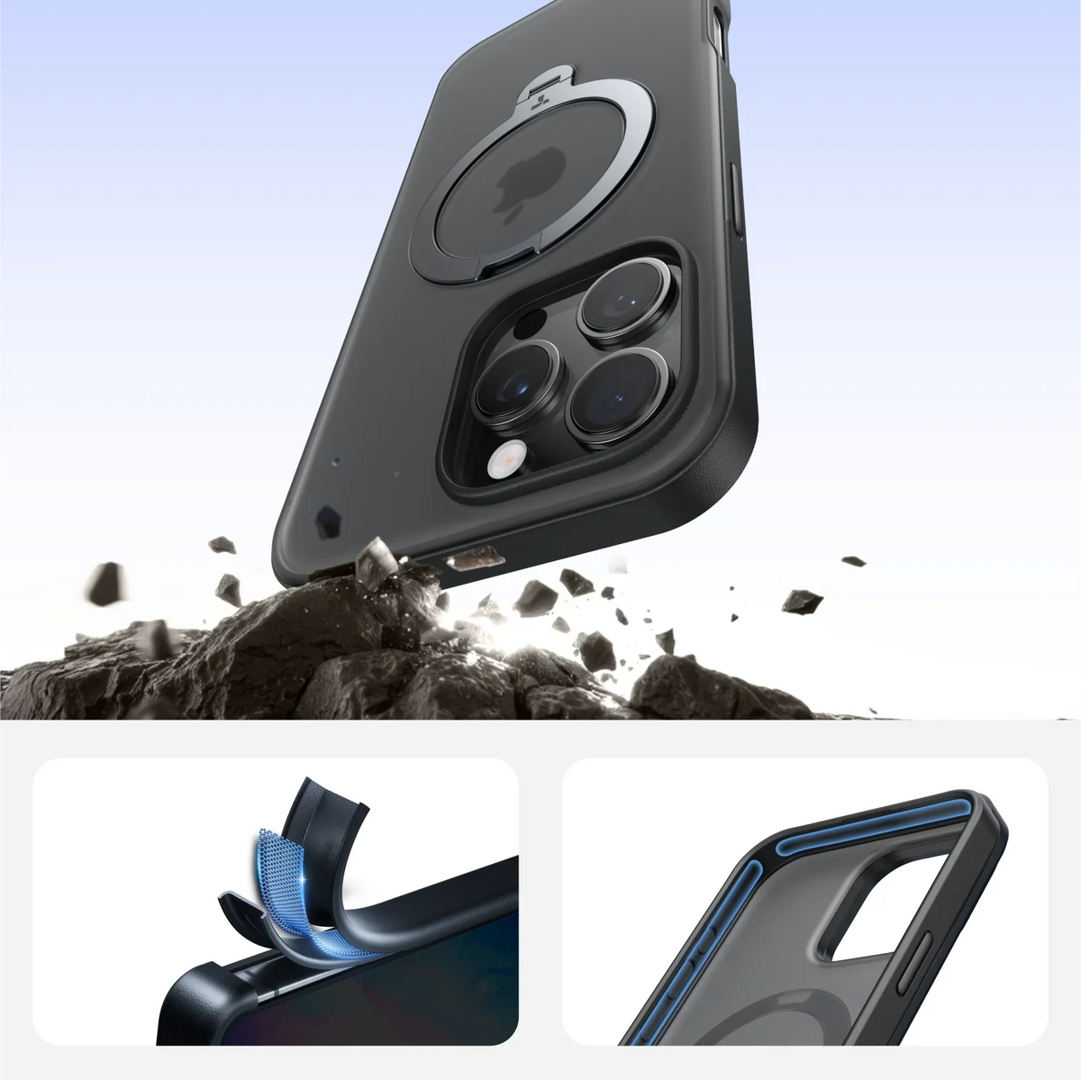 TORRAS Ostand Q3 Spin case for iPhone 16 Pro with 360° stand, drop-proof.