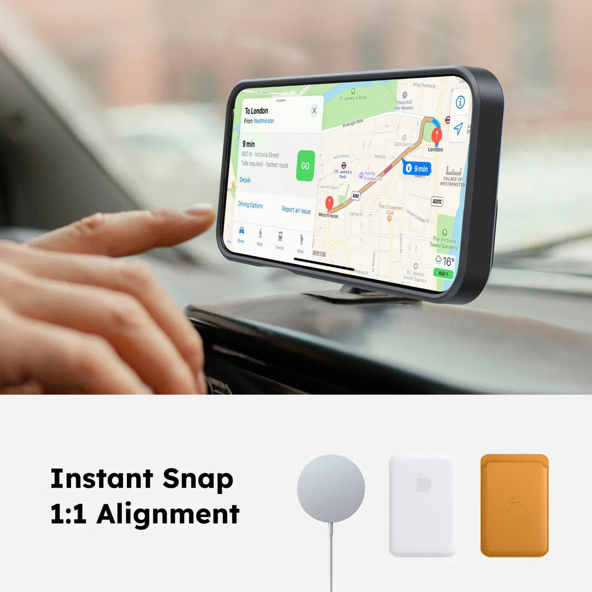 Black TORRAS Ostand Q3 Spin magnetic stand for iPhone 16 Pro Max in car, with navigation & instant snap.