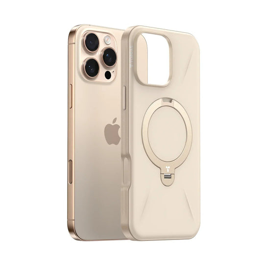 TORRAS Ostand Q3 Fusion iPhone 16 Pro Max case, light beige, with gold magnetic ring stand.
