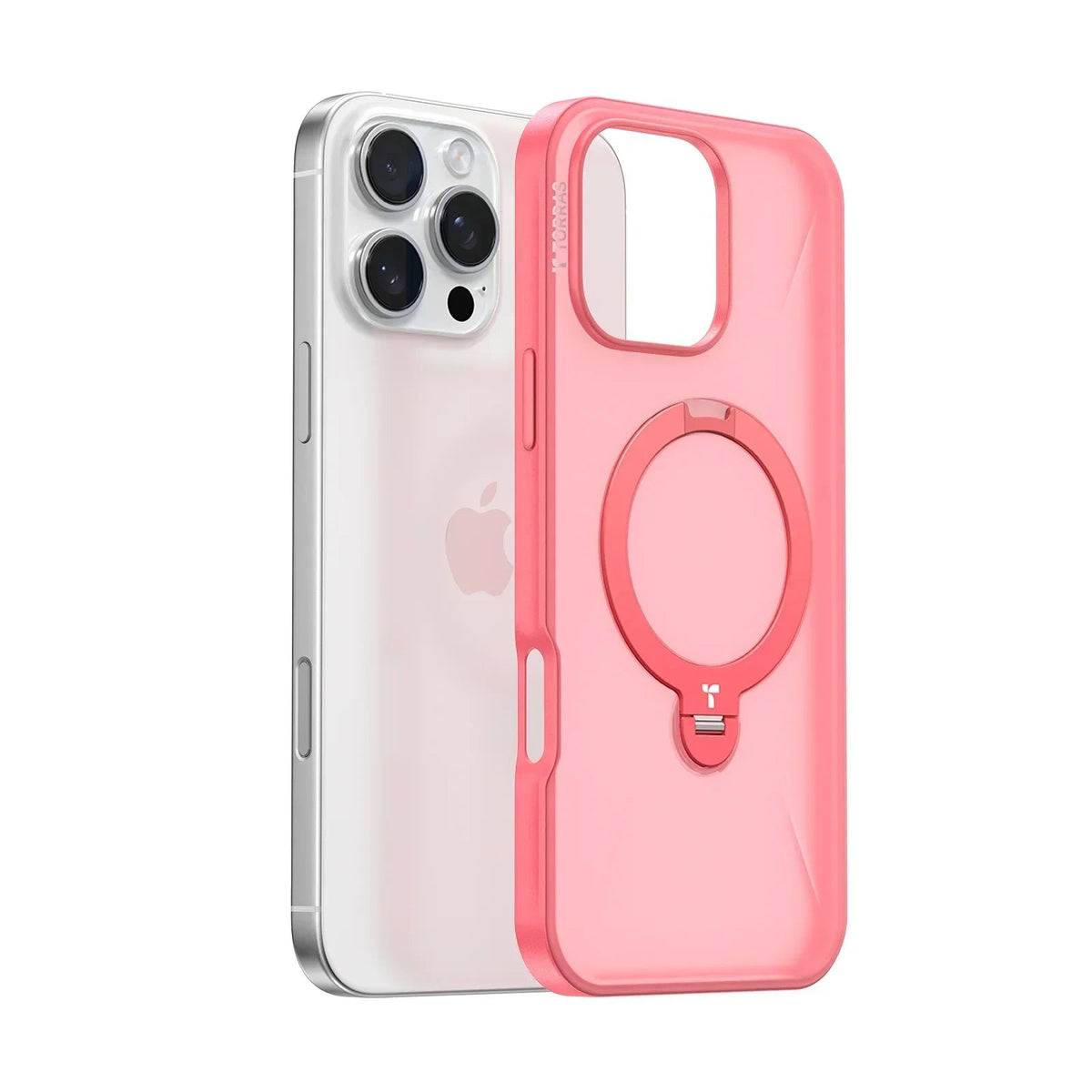 TORRAS Ostand Q3 Fusion iPhone 16 Pro Max case, translucent pink, with 360° magnetic ring stand.