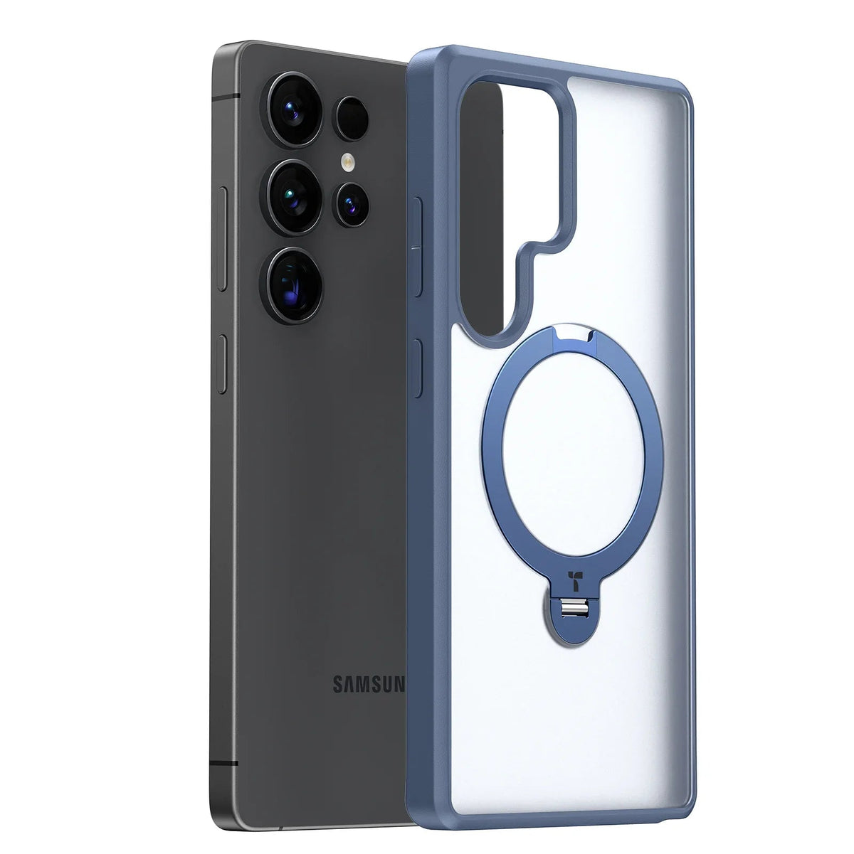 TORRAS Ostand Q3 Spin clear MagSafe case for Samsung S25 Ultra with blue magnetic stand.