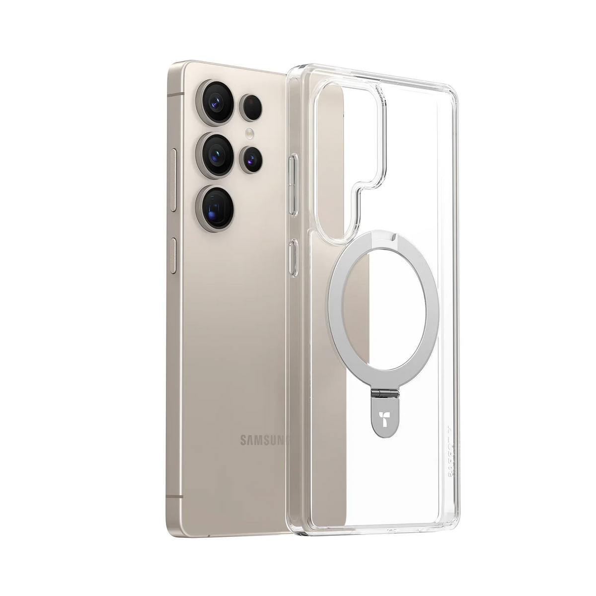 TORRAS Ostand Q1 Guardian clear case with silver magnetic ring for gold Samsung S25 Ultra