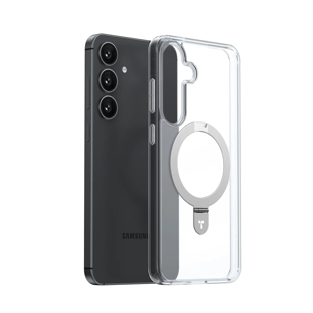 TORRAS Ostand Q1 Guardian clear case with magnetic stand for Samsung S25 Plus.