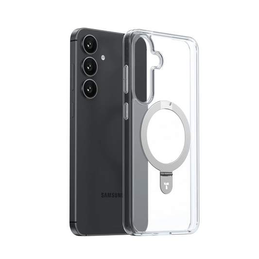 TORRAS Ostand Q1 Guardian clear case with magnetic stand for Samsung S25 Plus.