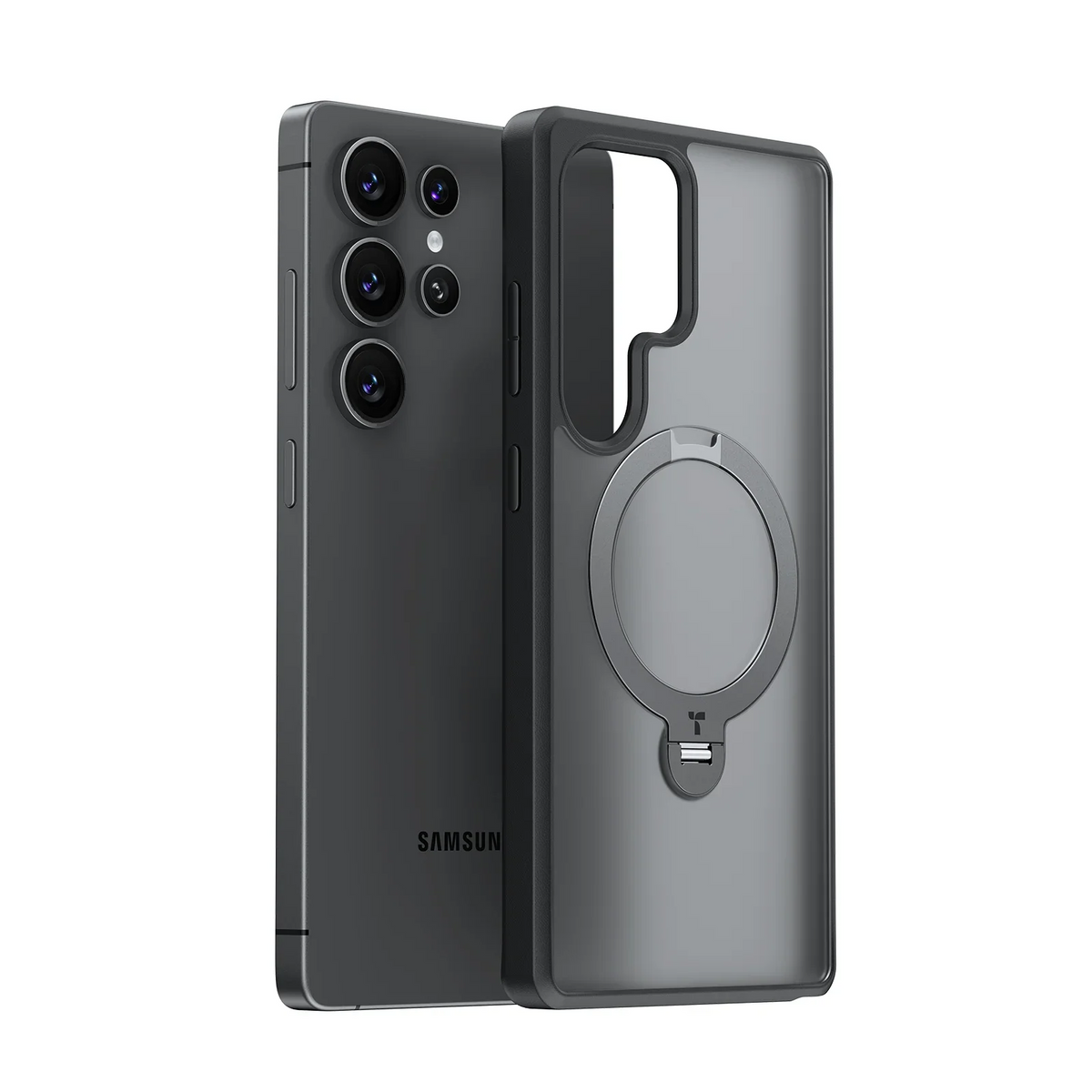 TORRAS Ostand Q3 Spin case for Samsung S25 Ultra, translucent dark grey, with MagSafe ring and kickstand.