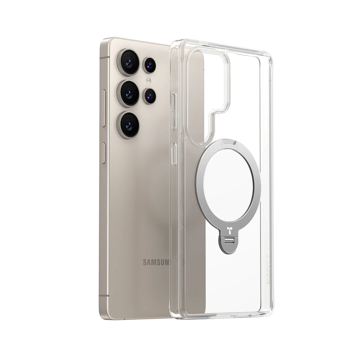 TORRAS Ostand Q3 Spin clear MagSafe case for Samsung S25 Ultra with 360° ring stand.