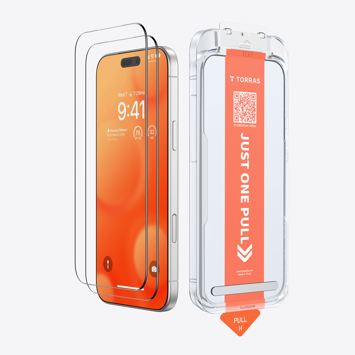 TORRAS GlassGo tempered glass screen protector for iPhone 17 Pro with installation packaging.