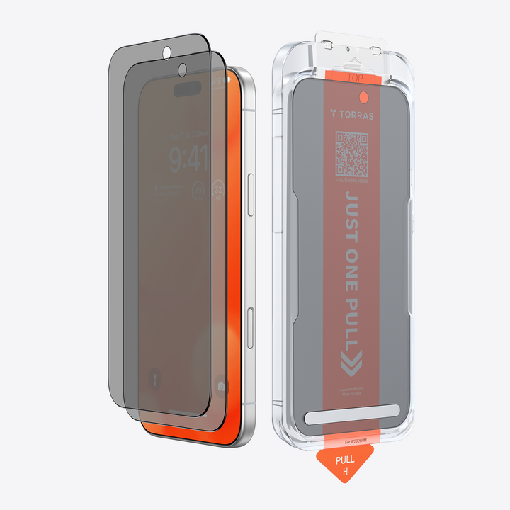 TORRAS GlassGo privacy screen protector for iPhone 17 Pro Max: 25° anti-peep & easy install.