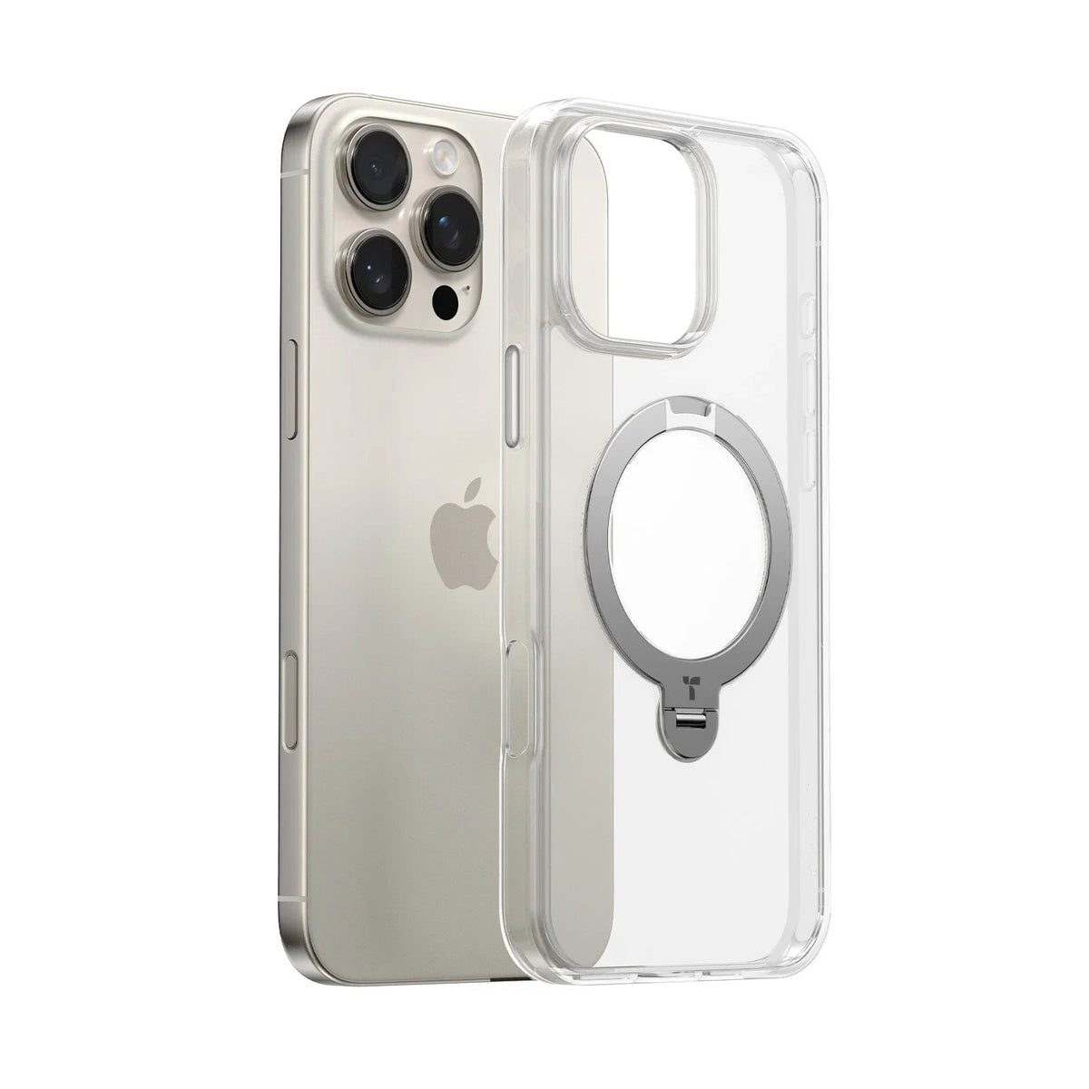 TORRAS Ostand Q3 Spin clear case for iPhone 16 Pro Max with integrated magnetic stand.