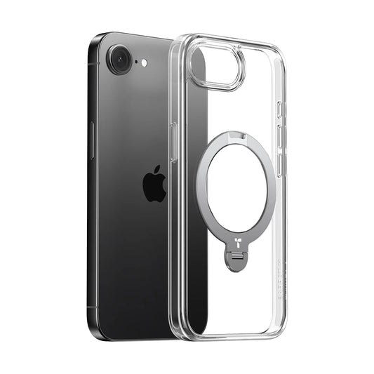 TORRAS Ostand Q3 Spin clear iPhone 16e/17e case with integrated magnetic rotating stand.